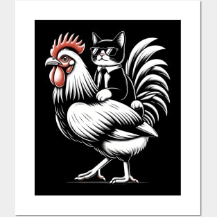 Tuxedo Cat on a Chicken Posters and Art